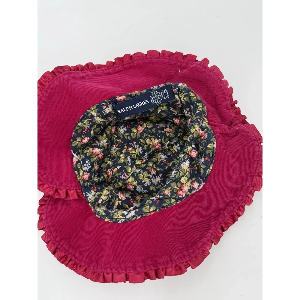 Ralph Lauren Pink Frill-Trim Hat Corduroy-Bow‎ Detail-RL Initials-Floral Lining